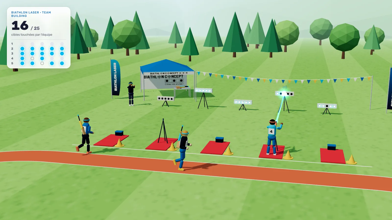 Animation en 3D : le déroulé d'une séance de team building, du départ de la course au score de l'équipe.