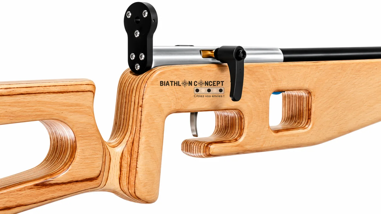 Carabine laser en bois, vue de près, avec le logo Biathlon Concept sur la crosse