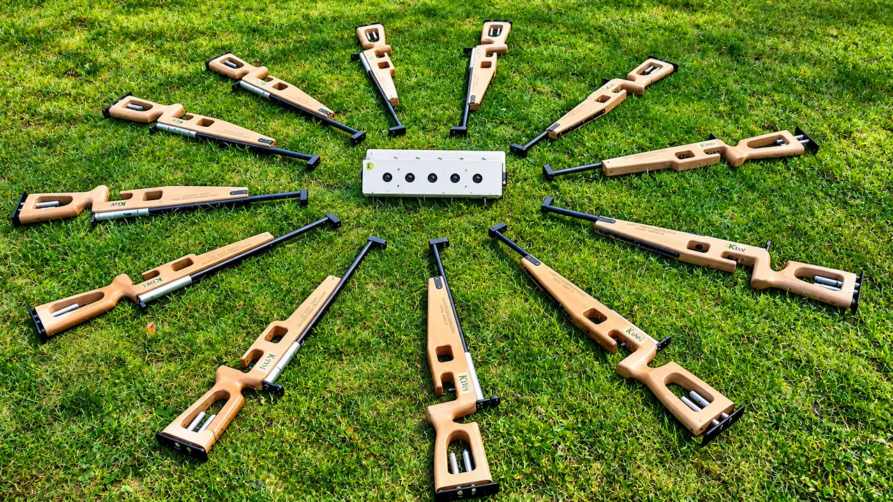 Carabines laser disposées en cercle sur l'herbe
