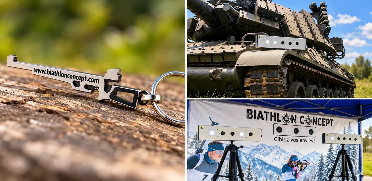 Porte-clé Biathlon Concept, cible électronique posée sur un char et cibles sur trépied devant le barnum Biathlon Concept
