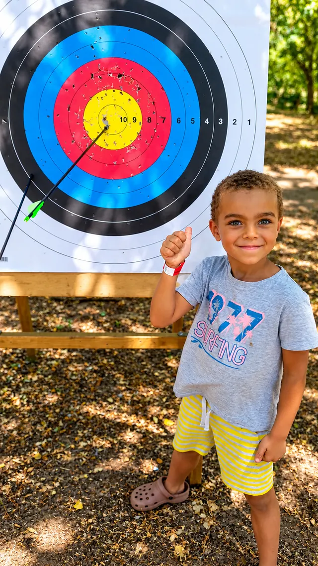 Enfant devant une cible de tir à l'arc