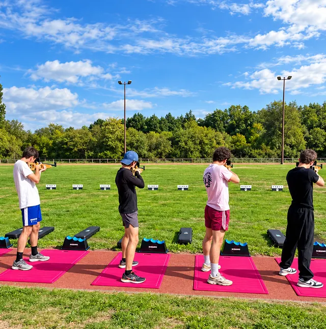Participants en position de tir debout sur des tapis roses, avec des carabines laser